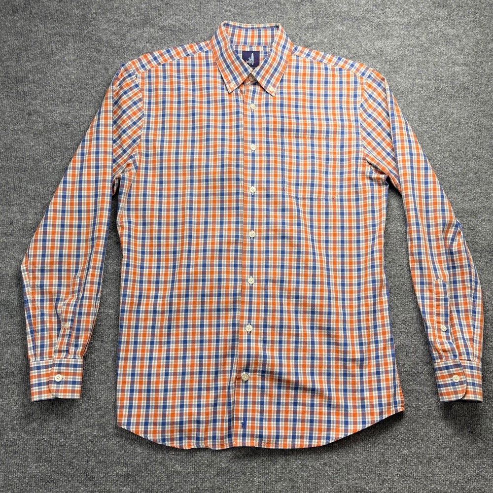 Johnnie-O Mens Medium Orange Blue Plaid Long Sleeve Button Down Shirt Pocket
